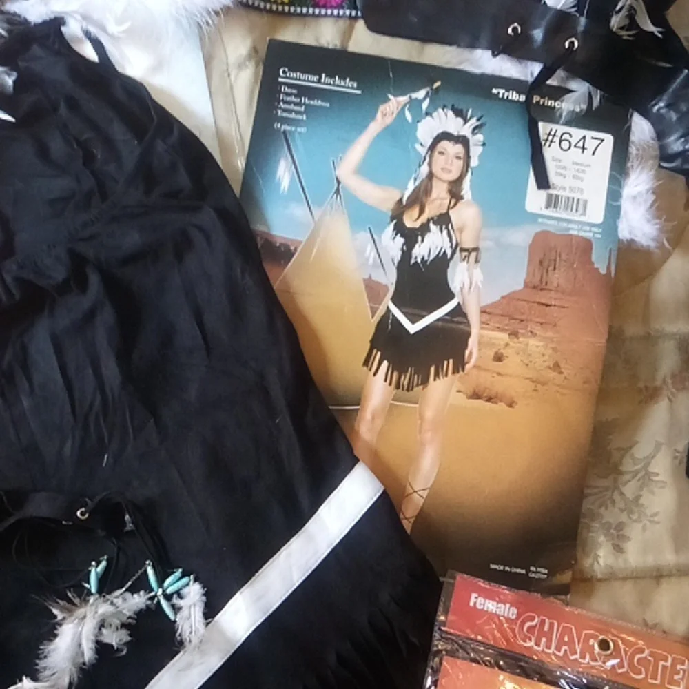 American Indian Costume -  Extra, &  Cool Headresses Short Fringed Black Dress - Picture 3 of 11